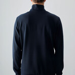 Men's High Collar Stripe Detail Zippered Sweatshirt + Jogger Tracksuit Set // Navy Blue (S)