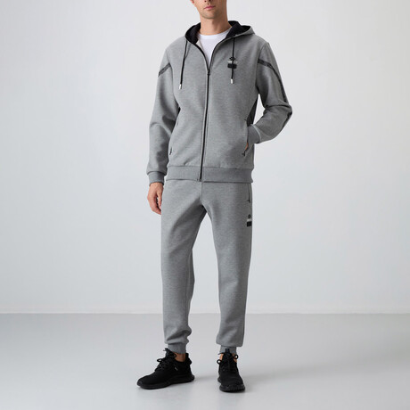 Men's Zippered Hooded Printed Sweatshirt + Jogger Tracksuit Set // Gray Melange (S)