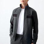 Men's High Collar Stripe Detail Zippered Sweatshirt + Jogger Tracksuit Set // Anthracite Melange (S)