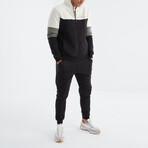 Mens' Blocked Zippered Sweatshirt + Jogger Tracksuit Set // White + Gray + Black (S)