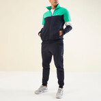 Men's High Collar Blocked Zippered Sweatshirt + Jogger Tracksuit Set // Turquoise + Indigo + White (S)