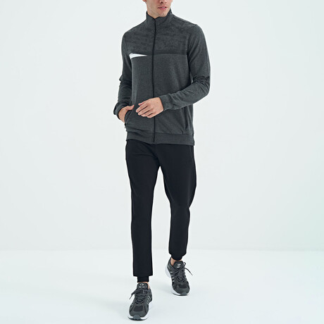 Men's Zippered Sweatshirt + Jogger Tracksuit Set // Anthracite Melange + Black (S)