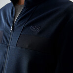 Men's High Collar Stripe Detail Zippered Sweatshirt + Jogger Tracksuit Set // Navy Blue (S)