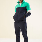 Men's High Collar Blocked Zippered Sweatshirt + Jogger Tracksuit Set // Turquoise + Indigo + White (S)