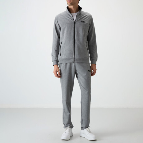 Men's High Collar Zippered Sweatshirt + Jogger Tracksuit Set // Gray Melange (S)