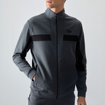 Men's High Collar Stripe Detail Zippered Sweatshirt + Jogger Tracksuit Set // Dark Gray (S)