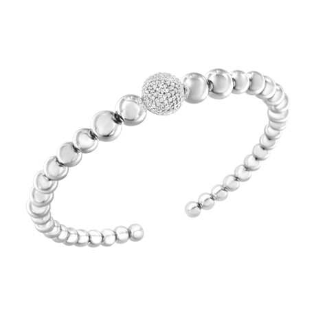 Sterling Silver + Diamond Rondelle Graduated Ball Bead Cuff Bangle Bracelet // 7"