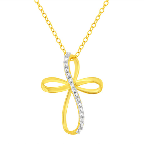 Sterling Silver Diamond Accent Cross Ribbon Pendant Necklace // 18"