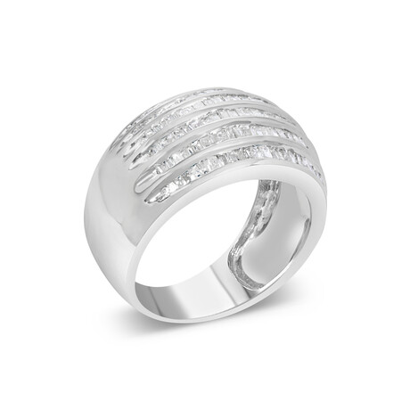 Sterling Silver + Baguette-Cut Diamond 6-Row Channel Set Domed Tapered Cocktail Fashion Ring (Ring Size: 6.5)