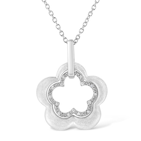 Matte-Finished Sterling Silver Diamond Accent Double Flower Shape Pendant Necklace // 18"