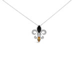 Sterling Silver Marquise Onyx + Citrine + Diamond Accent Fleur De Lis Pendant Necklace // 18"