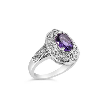 Sterling Silver + Oval Purple Amethyst + Round Diamond Accent Fashion Cocktail Ring (Ring Size: 5)