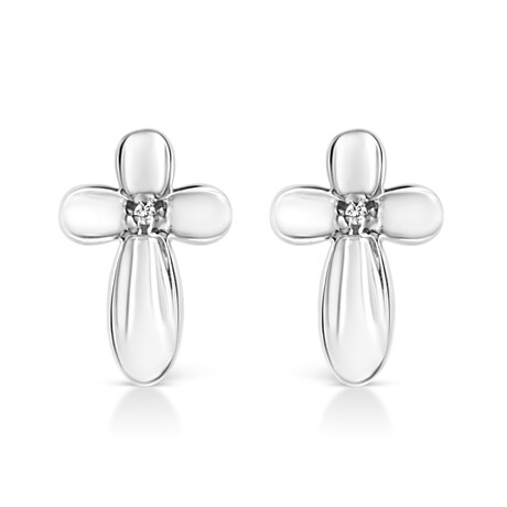 Sterling Silver Prong Set Diamond Accent Floral Cross Stud Earring