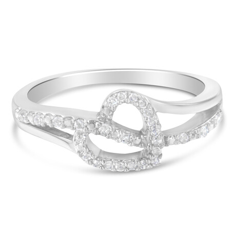 Sterling Silver + Diamond Open Heart Leaf Curvy Bypass Accent Promise Ring (Ring Size: 6)