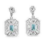 Sterling Silver + Emerald Shape Blue Topaz + Diamond Accent Art Deco Halo Style Drop + Dangle Earrings