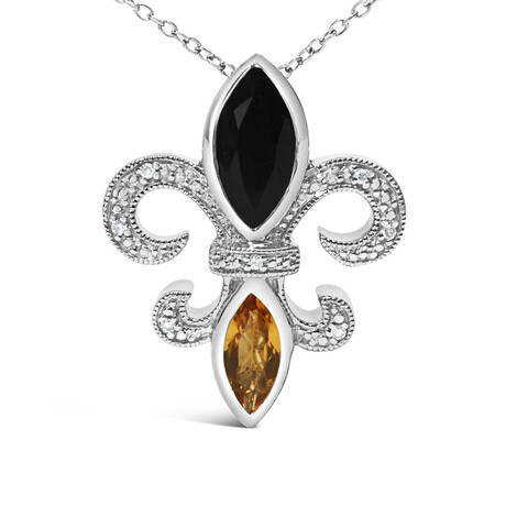 Sterling Silver Marquise Onyx + Citrine + Diamond Accent Fleur De Lis Pendant Necklace // 18"