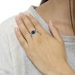 Black Rhodium-Plated + Sterling Silver White + Blue Diamond Square Halo Cocktail Ring (Ring Size: 6)