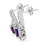 Sterling Silver + Natural Oval Purple Amethyst + Diamond Accent Art Deco Style Drop + Dangle Earrings