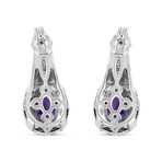 Sterling Silver + Natural Oval Purple Amethyst + Diamond Accent Art Deco Style Drop + Dangle Earrings