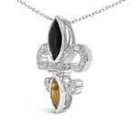 Sterling Silver Marquise Onyx + Citrine + Diamond Accent Fleur De Lis Pendant Necklace // 18"