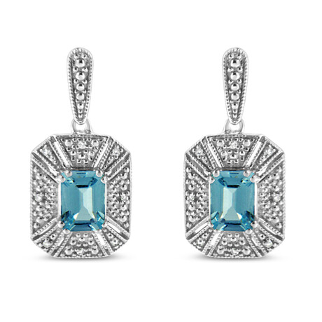 Sterling Silver + Emerald Shape Blue Topaz + Diamond Accent Art Deco Halo Style Drop + Dangle Earrings