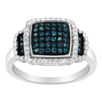 Black Rhodium-Plated + Sterling Silver White + Blue Diamond Square Halo Cocktail Ring (Ring Size: 6)