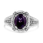 Sterling Silver Natural Oval Purple Amethyst Solitaire + Diamond Accent Ring (Ring Size: 5)