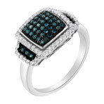 Black Rhodium-Plated + Sterling Silver White + Blue Diamond Square Halo Cocktail Ring (Ring Size: 6)