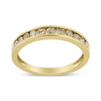 14K Yellow Gold-Plated Sterling Silver + Round Champagne Diamond 11 Stone Band Ring (Ring Size: 5)