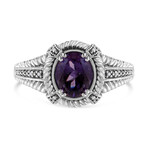 Sterling Silver Natural Oval Purple Amethyst Solitaire + Diamond Accent Ring (Ring Size: 5)