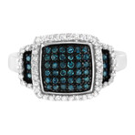 Black Rhodium-Plated + Sterling Silver White + Blue Diamond Square Halo Cocktail Ring (Ring Size: 6)