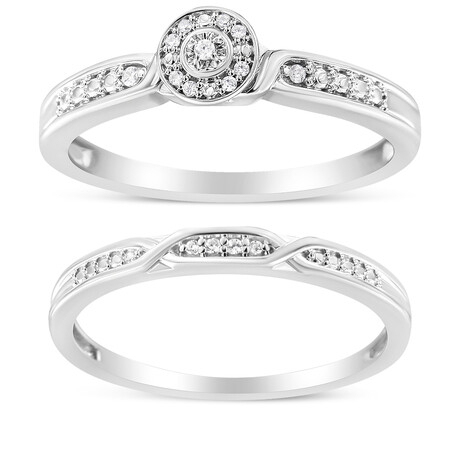 Sterling Silver + Diamond Accent Frame Twist Shank Bridal Set Ring + Band // Set of 2 Rings (Ring Size: 5)