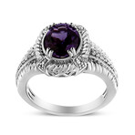 Sterling Silver Natural Oval Purple Amethyst Solitaire + Diamond Accent Ring (Ring Size: 5)