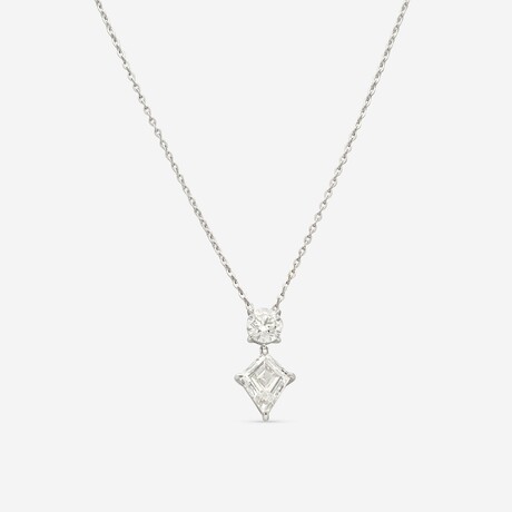 14K White Gold Lab-Grown Round + Kite Step Cut Diamond Pendant Necklace // 16"-18" // New