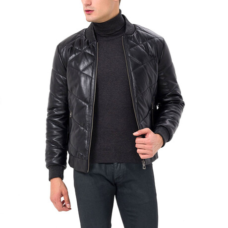 Mock Neck Quilted Leather Jacket // Black (S)