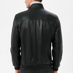 High Neck Double Front Zip Leather Jacket // Black (XL)