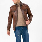 High Neck Double Front Zip Leather Jacket // Tan (XL)