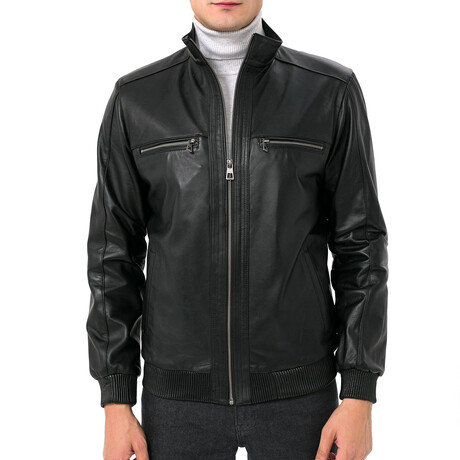 High Neck Double Front Zip Leather Jacket // Black (S)