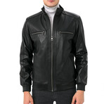 High Neck Double Front Zip Leather Jacket // Black (2XL)