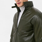 High Neck Leather Jacket // Khaki (M)