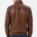 High Neck Double Front Zip Leather Jacket // Tan (S)