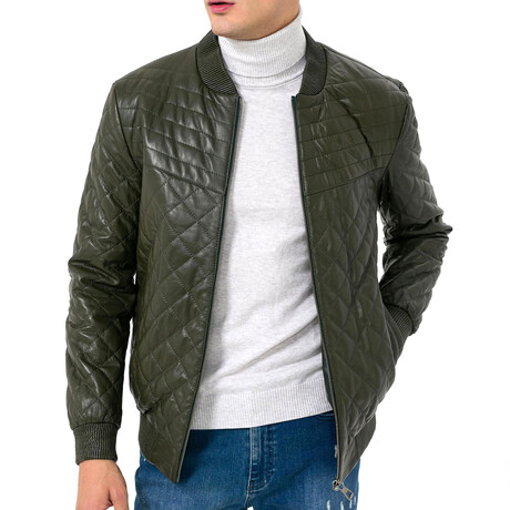 Mock Neck Diamond Quilted Leather Jacket // Khaki (S)