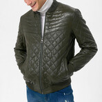 Mock Neck Diamond Quilted Leather Jacket // Khaki (M)