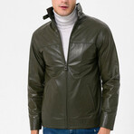 High Neck Leather Jacket // Khaki (L)