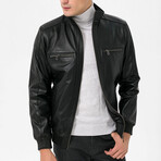 High Neck Double Front Zip Leather Jacket // Black (2XL)