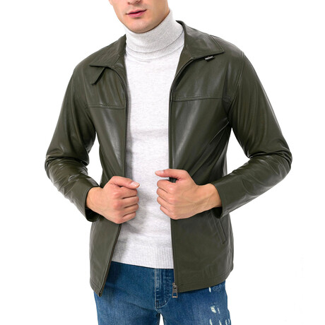 High Neck Leather Jacket // Khaki (S)