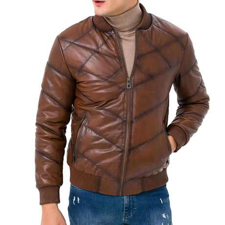 Mock Neck Quilted Leather Jacket // Tan (S)