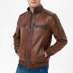 High Neck Double Front Zip Leather Jacket // Tan (2XL)