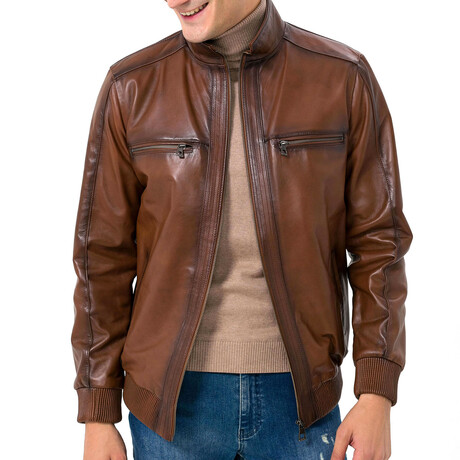 High Neck Double Front Zip Leather Jacket // Tan (S)