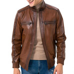 High Neck Double Front Zip Leather Jacket // Tan (XL)